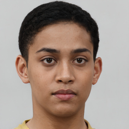 Neutral latino young-adult male with short  brown hair and brown eyes