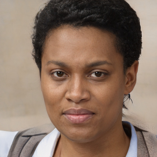 Joyful latino adult female with short  brown hair and brown eyes
