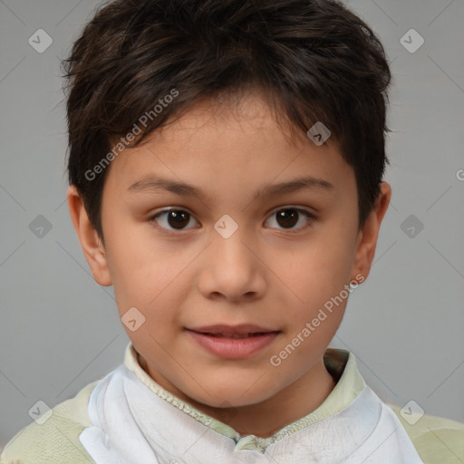 Joyful white child female with short  brown hair and brown eyes