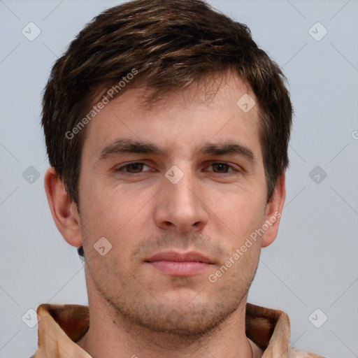 Neutral white young-adult male with short  brown hair and brown eyes