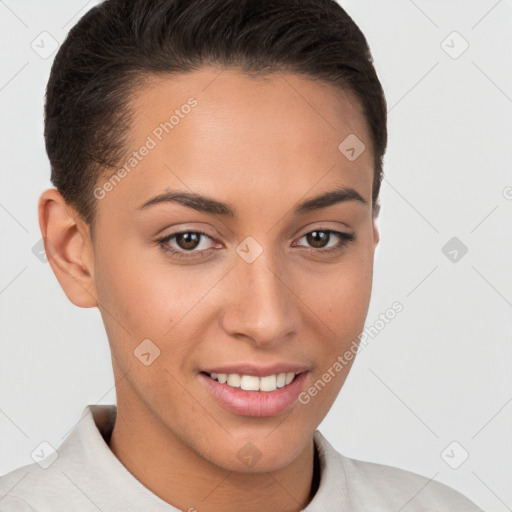 Joyful white young-adult female with short  brown hair and brown eyes