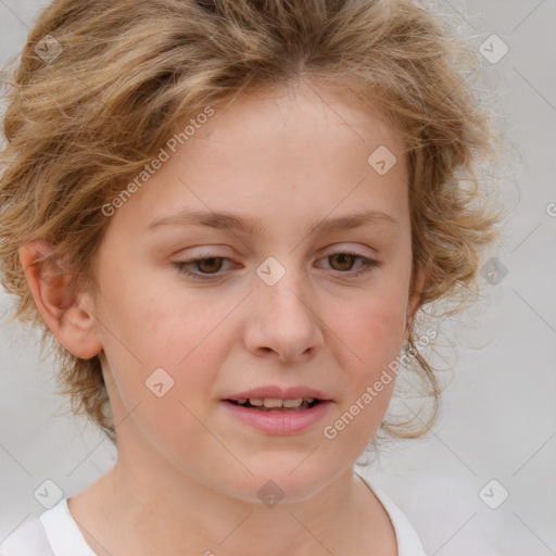 Joyful white child female with medium  brown hair and blue eyes