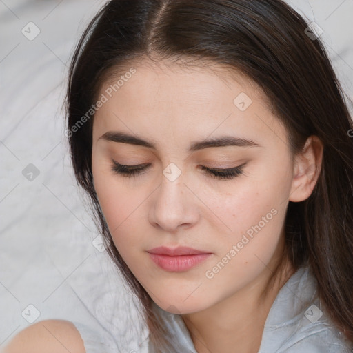 Neutral white young-adult female with medium  brown hair and brown eyes