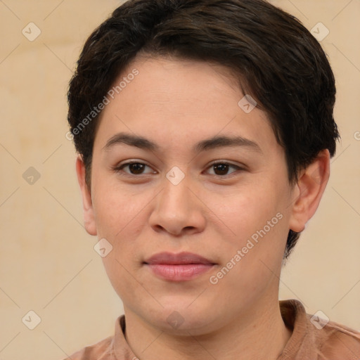 Joyful white young-adult female with short  brown hair and brown eyes