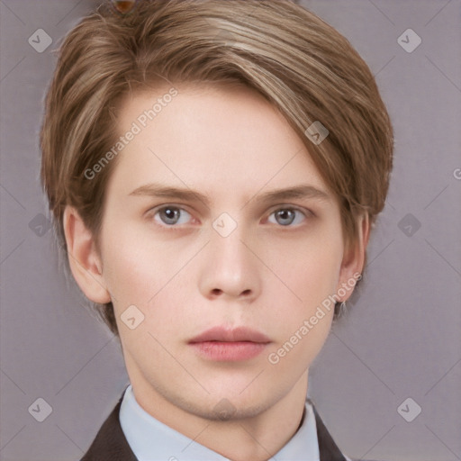 Neutral white young-adult female with short  brown hair and grey eyes