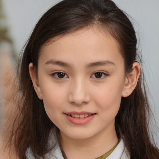 Joyful white child female with medium  brown hair and brown eyes