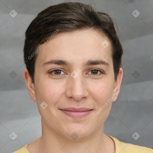 Joyful white young-adult female with short  brown hair and brown eyes