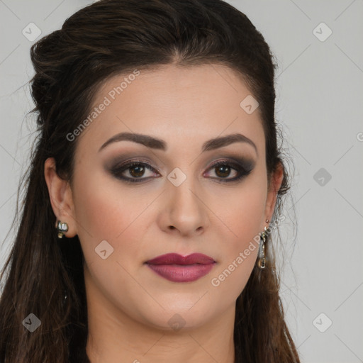 Joyful white young-adult female with long  brown hair and brown eyes