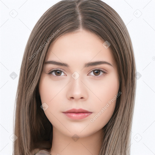 Neutral white young-adult female with long  brown hair and brown eyes