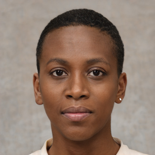 Neutral black young-adult female with short  black hair and brown eyes