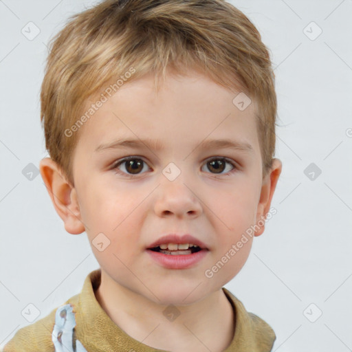 Joyful white child male with short  brown hair and brown eyes