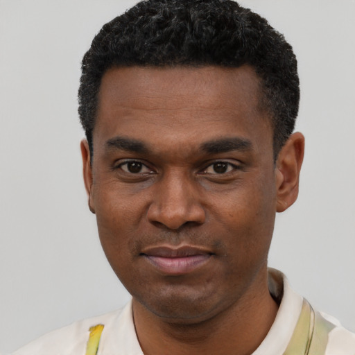 Joyful black young-adult male with short  black hair and brown eyes