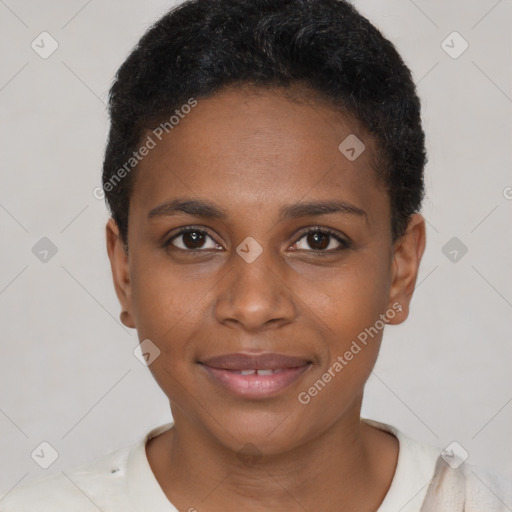 Joyful black young-adult female with short  brown hair and brown eyes