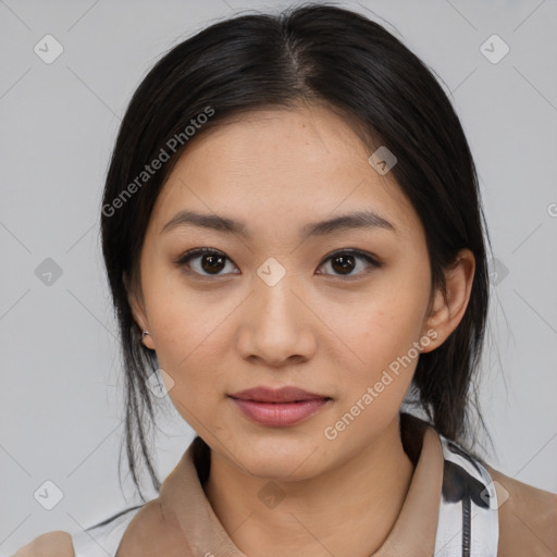 Joyful latino young-adult female with medium  black hair and brown eyes