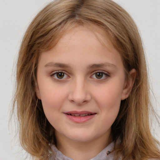 Joyful white child female with medium  brown hair and brown eyes