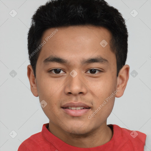 Neutral asian young-adult male with short  black hair and brown eyes