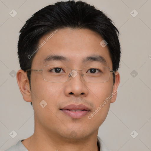 Neutral asian young-adult male with short  brown hair and brown eyes