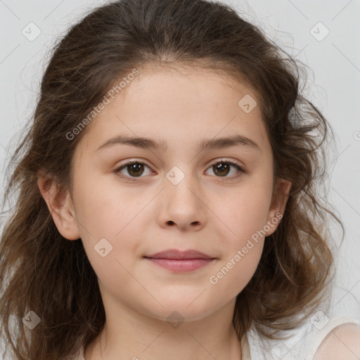 Joyful white child female with medium  brown hair and brown eyes