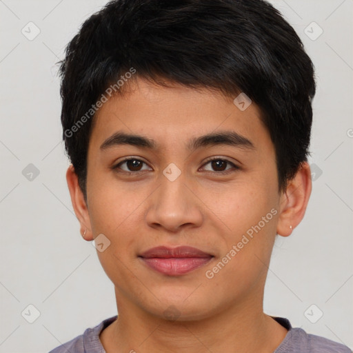 Joyful asian young-adult male with short  brown hair and brown eyes