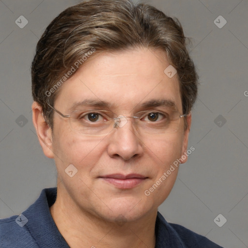 Joyful white adult male with short  brown hair and grey eyes