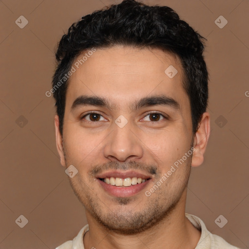 Joyful latino young-adult male with short  brown hair and brown eyes