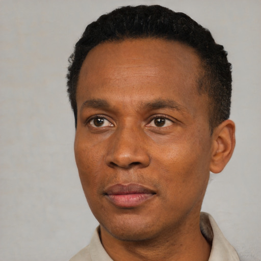 Neutral black adult male with short  black hair and brown eyes