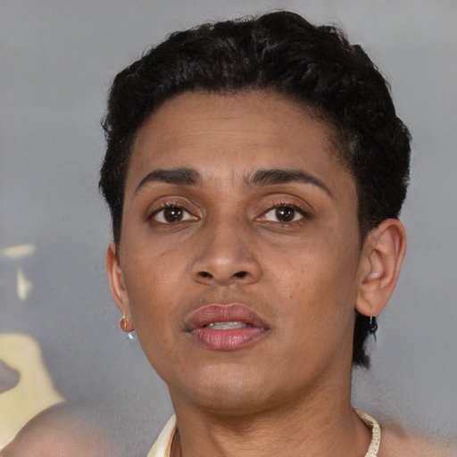 Neutral black young-adult female with short  brown hair and brown eyes