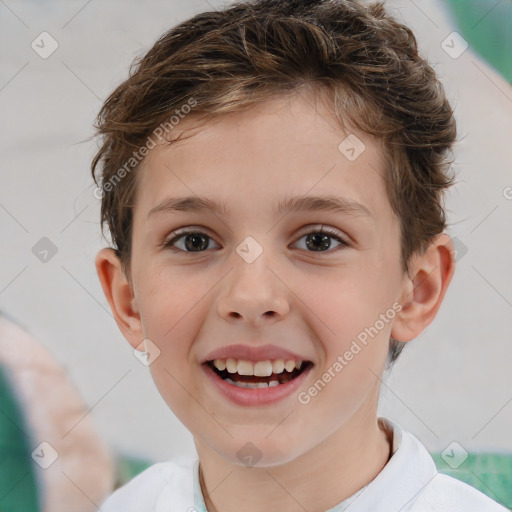 Joyful white child female with short  brown hair and brown eyes