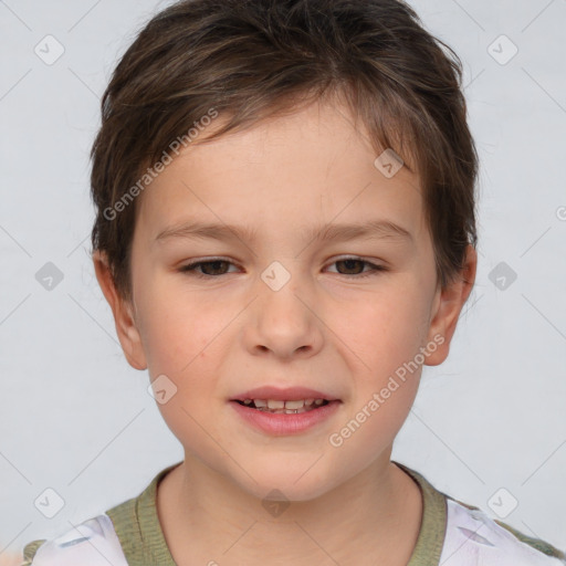 Joyful white child female with short  brown hair and brown eyes