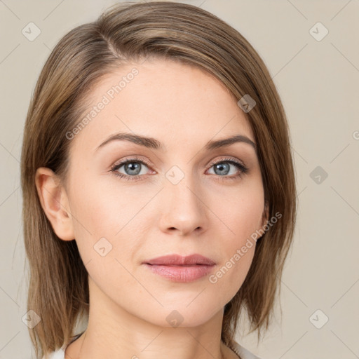 Neutral white young-adult female with medium  brown hair and grey eyes