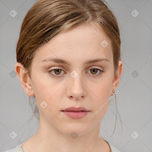 Neutral white young-adult female with medium  brown hair and blue eyes