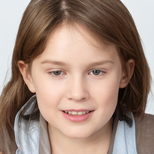 Joyful white child female with medium  brown hair and grey eyes