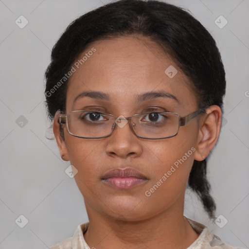 Neutral white young-adult female with short  brown hair and brown eyes