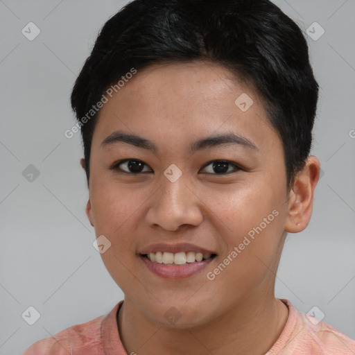 Joyful asian young-adult female with short  brown hair and brown eyes