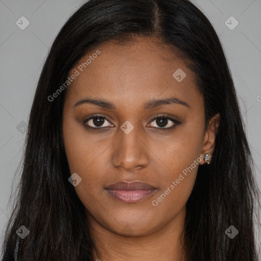Joyful asian young-adult female with long  brown hair and brown eyes