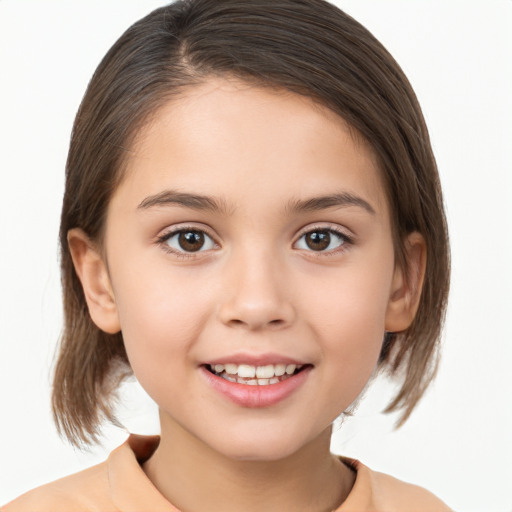 Joyful white child female with medium  brown hair and brown eyes