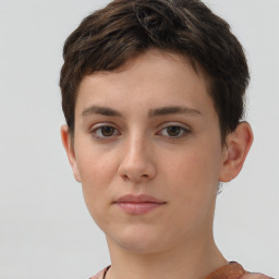 Neutral white young-adult female with short  brown hair and brown eyes