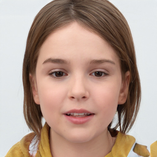 Joyful white child female with medium  brown hair and brown eyes