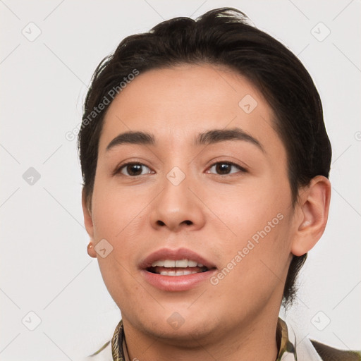 Joyful white young-adult female with short  brown hair and brown eyes