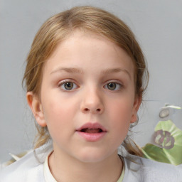 Neutral white child female with medium  brown hair and blue eyes