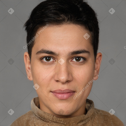 Joyful white young-adult male with short  brown hair and brown eyes