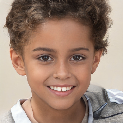 Joyful white child female with short  brown hair and brown eyes