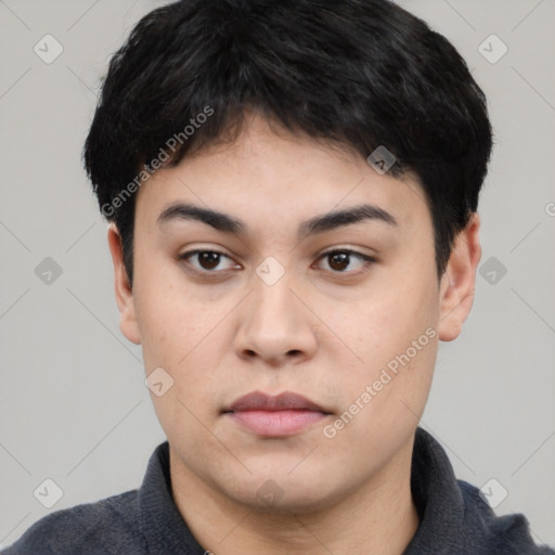 Neutral asian young-adult male with short  black hair and brown eyes