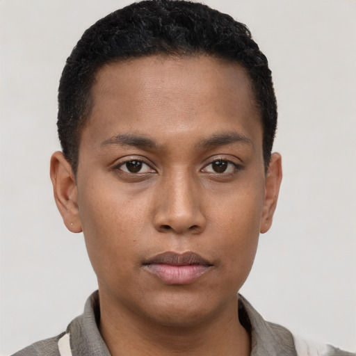 Neutral black young-adult male with short  brown hair and brown eyes