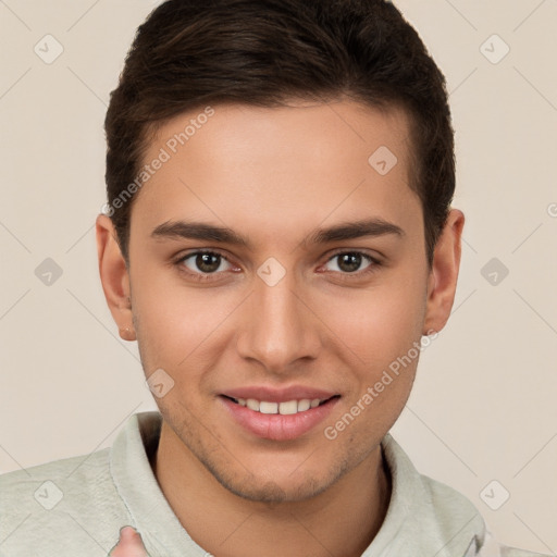 Joyful white young-adult male with short  brown hair and brown eyes