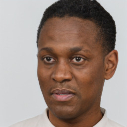 Neutral black adult male with short  black hair and brown eyes