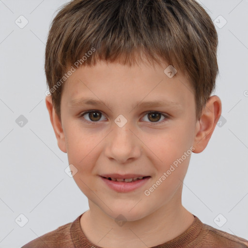 Joyful white child male with short  brown hair and brown eyes