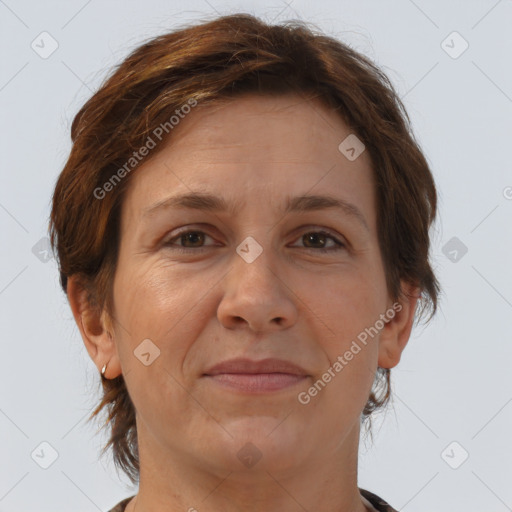 Joyful white adult female with short  brown hair and brown eyes