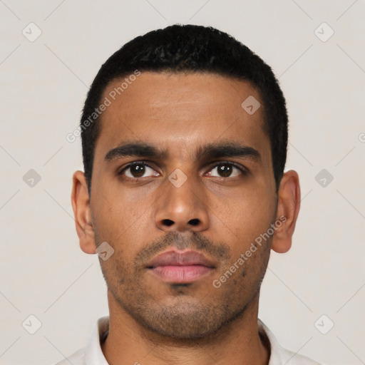 Neutral latino young-adult male with short  black hair and brown eyes