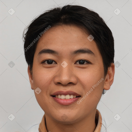 Joyful asian young-adult female with short  brown hair and brown eyes